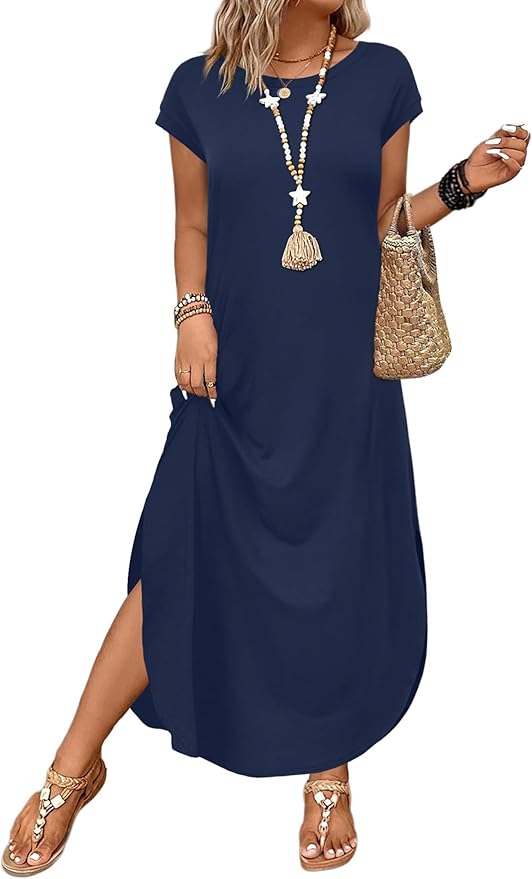 WIHOLL Summer Dresses Cap Sleeve Crewneck Maxi Long Casual Dress with Pockets Beach Vacation Sundresses 2026 Trendy