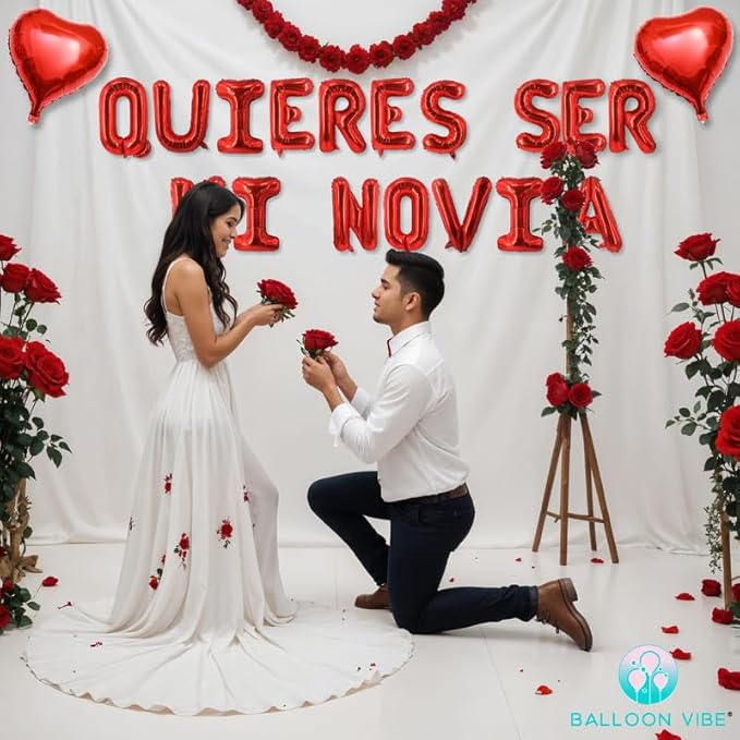 QUIERES SER MI NOVIA Balloons Banner with Two 18" Heart Balloons - Romantic Proposal Decorations for Prom/Date Night and Valentine’s Day - 16" Foil Letters with Straws, Ribbon & Adhesive Dots