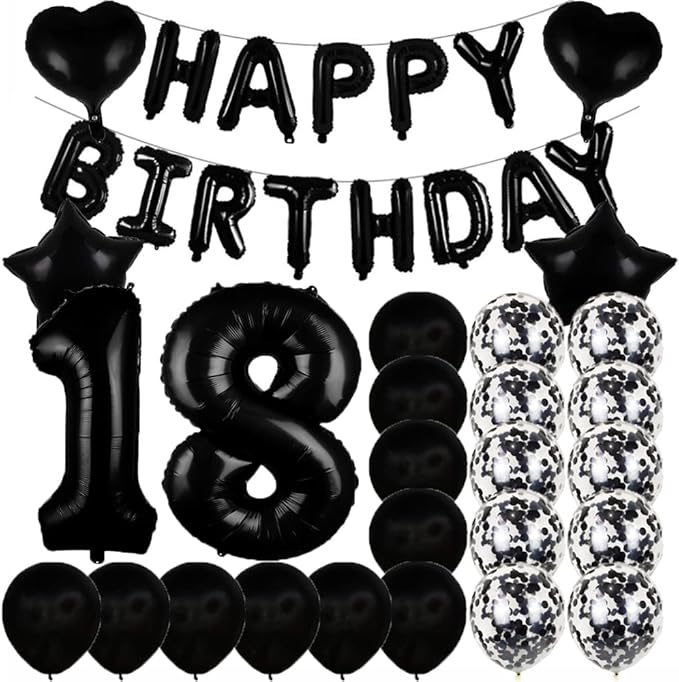 Sweet 18th Birthday Decorations Party Supplies,Black Number 18 Balloons,18th Foil Mylar Balloons Latex Balloon Decoration,Great 18th Birthday for Girls,Women,Men,Photo Props