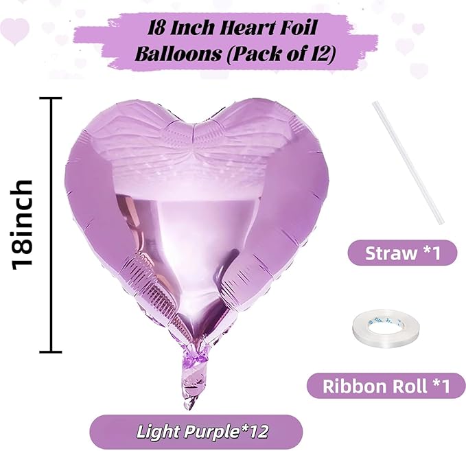 Purple Foil Heart Balloons, 12Pcs Lavender Purple Heart Shape Foil Balloons, 18 Inch Light Purple Helium Heart Balloons for Girls Women Birthday Wedding Baby Shower Valentines Anniversary