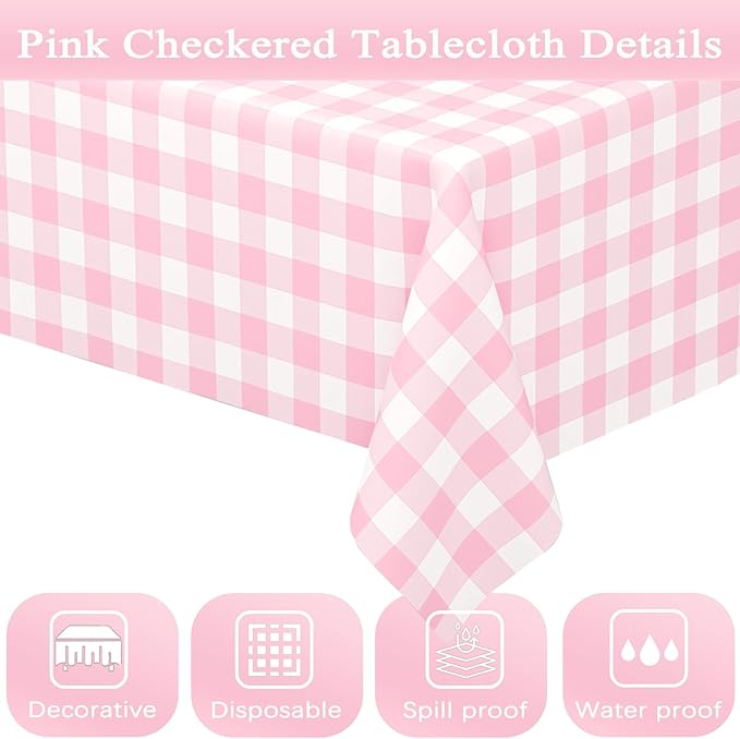 3 Pack Pink Gingham Tablecloth Rectangular Pink and White Checkered Tablecloths Disposable Plastic Plaid Table Cover for Parties, Outdoor Picnic, Birthday, Wedding, Camping 54 × 108 Inch