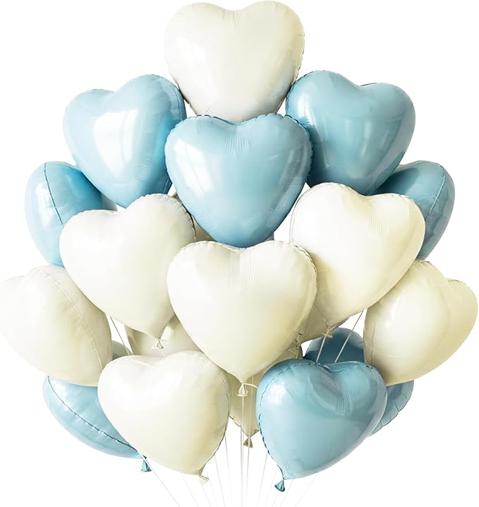 TONIFUL 30Pcs 18 Inch Light Blue Cream White Balloons Pastel Blue Heart Shape Foil Mylar Banners Decoration for Birthday Valentine's Day Wedding Bridal Shower Anniversary Engagement Party Supplies