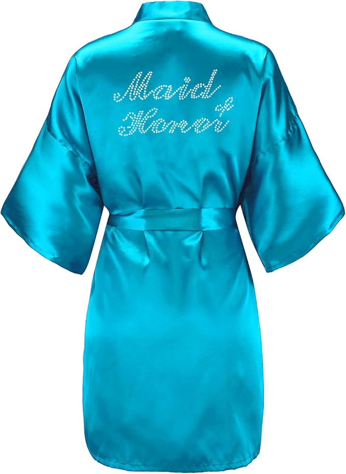 EPLAZA Women's One Size Silver Rhinestones Bride Bridesmaid Short Satin Robes for Wedding Party Getting Ready