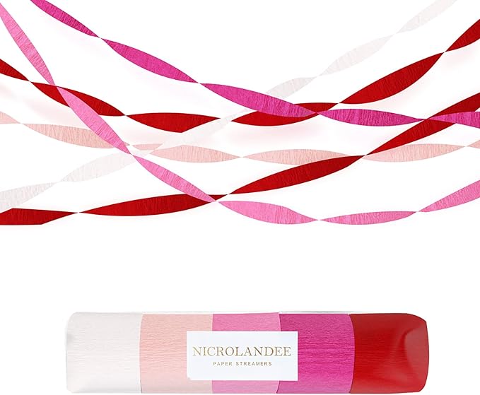 NICROLANDEE 5 Rolls Pink Red White Crepe Paper Streamers for Wedding, Birthday, Valentine's Day Decorations, Bachelorette, Bridal Baby Shower, Backdrop or Photo Booth