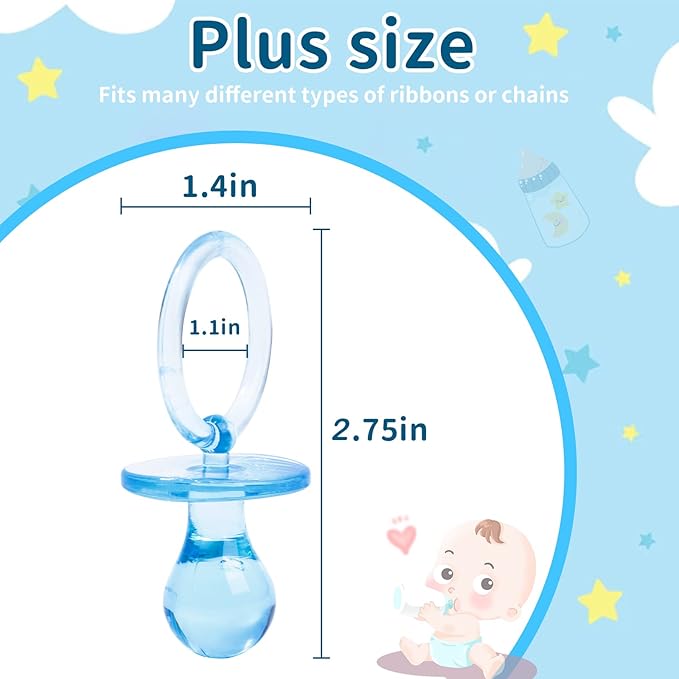 Pacifiers for Baby Shower Game, 36 Plastic Pacifiers for Baby Shower Decoration DIY, Large Size Baby Shower Pacifiers, Gender Reveal Party Table Scatter/Hunt Baby Shower Game Props(Blue, 2.75 in)