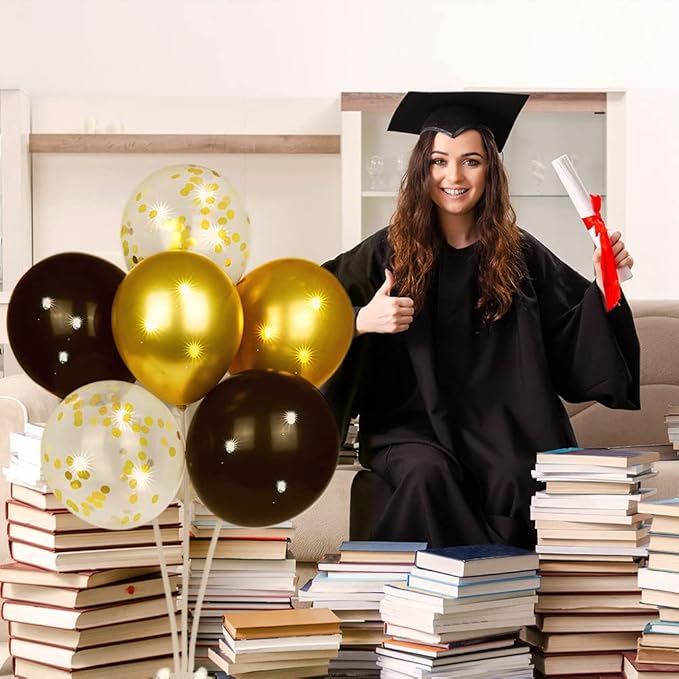 Ainiv 2 Set Table Balloon Stand Kit with Lights, Light Up Balloon Holder Include 16 Black Gold Latex Confetti Balloons, Graduation Party Decorations for Birthday, Weddings, Anniversary, Christmas