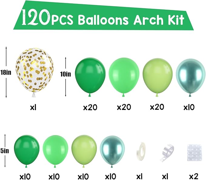 Paready Green Balloon Arch Kit, 120Pcs Dark Green Balloon Garland Kit Light Fruit Metallic Green Party Balloons Gold Confetti Balloons for Kids Jungle Theme Birthday Dinosaur Party Baby Shower
