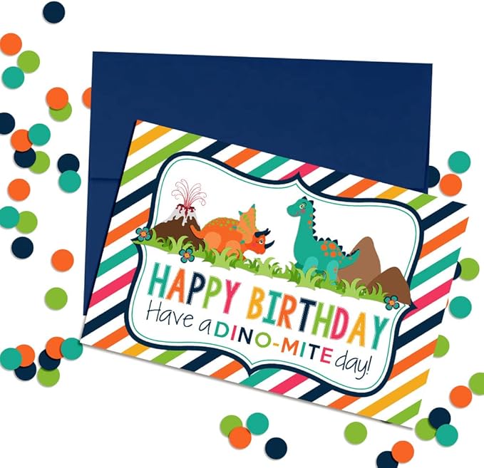 Have a DINO-MITE Day Dinosaur Themed Birthday Pun Themed Single (1) All Occasion Blank Birthday Card To Send To Friends & Family, 4"x 6" (when folded) Fill In Greeting Note Card by AmandaCreation