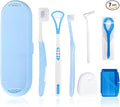 7-in-1 Travel Oral Care Kit with Case – Toothbrush, Tongue Scraper, Wisdom Toothbrush, Dental Floss, Floss Threaders, Interdental Brush, Dental Wax, Portable Hygiene Set for Daily Use Travel (Blue)