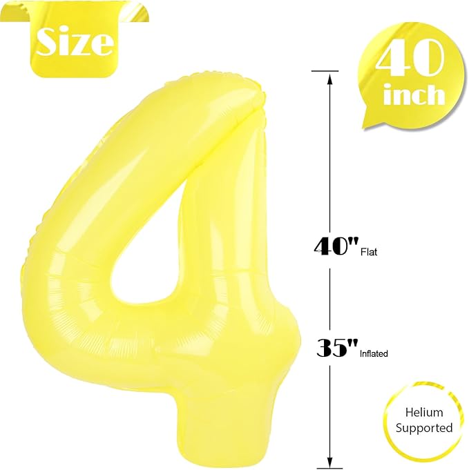 Yellow 4 Balloon, Number Balloons 40 Inch, 4th Birthday Decorations for Girls Four Large Numbers for Party Decor, Number 4 Balloon