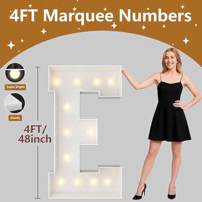 4FT Marquee Light Up Letters, Large Marquee Letters, Pre-cut Foam Board Letter E for Engagement Wedding Decorations Birthday Party Backdrop Decor, Balloon Arch Kit
