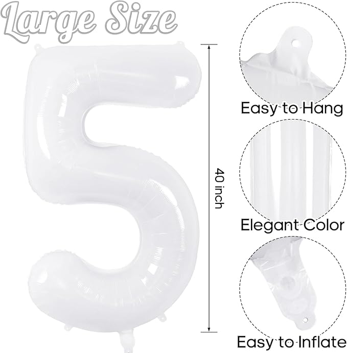 White Number Balloons 40 Inch Helium Mylar Number 5 Balloon for Birthday Party Anniversary Decoration (White, 5)
