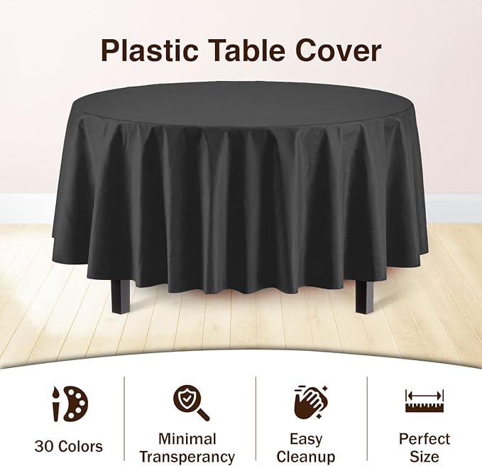 Exquisite 12-Pack Premium Plastic Tablecloth 84in. Round Table Cover - Black
