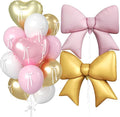 16Pcs Pink and Gold Heart Balloons, 38 Inch Pink Bow Balloon, Champagne Gold Pink White Balloon and Bow Heart Shaped Foil Balloons for Birthday Wedding Bridal Baby Shower Valentines Day Decorations