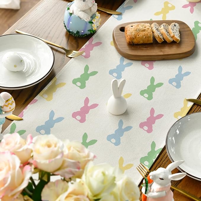 Artoid Mode Green Pink Bunny Rabbit Easter Table Runner, Spring Kitchen Dining Table Decoration for Home Party Decor 13x90 Inch