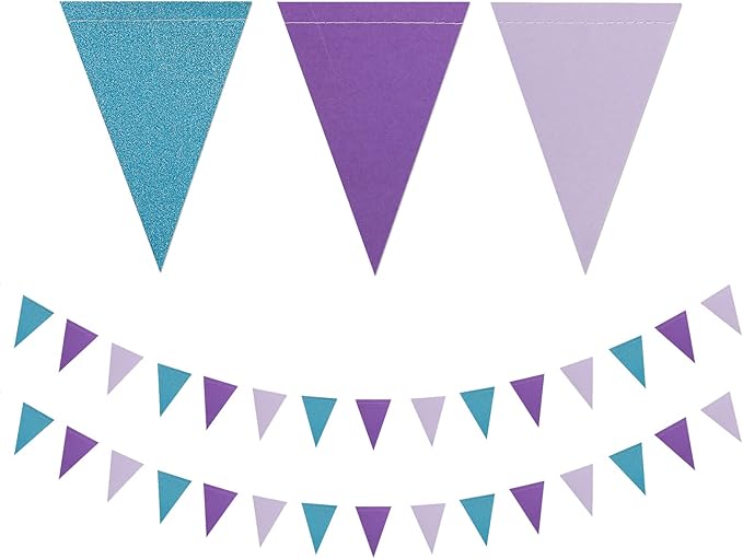 Mermaid Party Decorations Pennant Banner - 2 Pack Glitter Purple Blue Under The Sea Paper Triangle Flags Garland, Little Mermaid Theme Girls Birthday Wedding Baby Shower Party Bunting Panduola