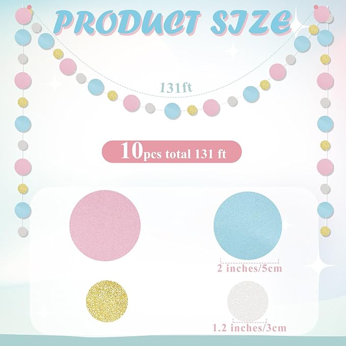 Outus 10 Pieces Pink,Blue,Gold,White Round Dots Garland Easter Graduation Party Hanging Decor Each Length 13.1ft Glitter Paper Dot Streamers for Birthday Wedding Classroom
