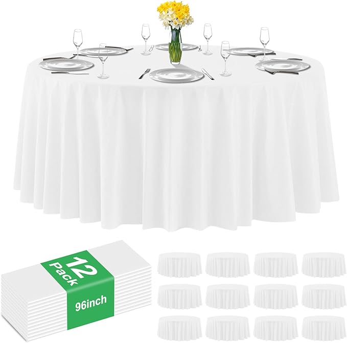 12 Pack Premium White Plastic Table Cloth -96 Inch Round Tablecloth, Disposable Tablecloth Plastic Table Cover for Parties (12, White, 96" Round)