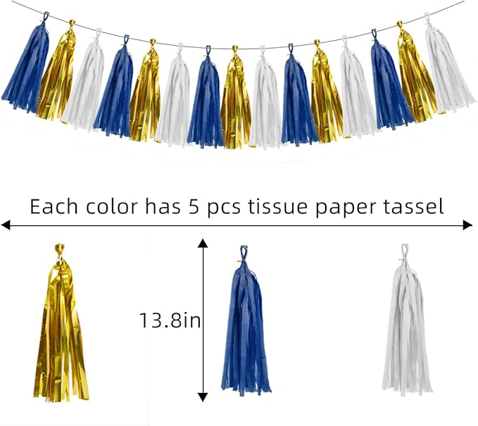 Navy-Blue White Gold Birthday-Party-Decorations - 15Pcs Tissue Paper Tassel Garland Graduation Decoration Baby Shower Bridal Wedding Engagement Bachelorette Hanging Decor HongTongTong
