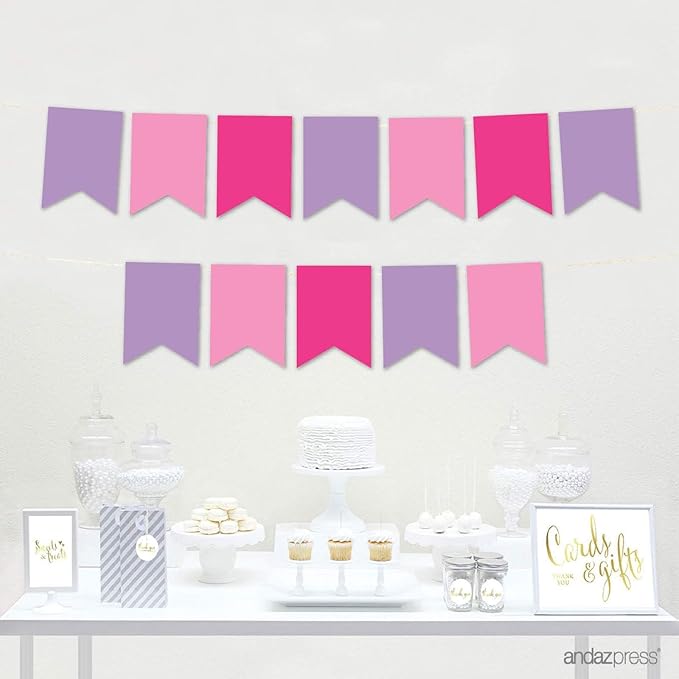 Andaz Press Hanging Pennant Banner with String, Lavender, Pink, Fuchsia, 1-Set, 24 Pennants, Approx. 12-Feet Long, Unicorn Theme Colored Supplies