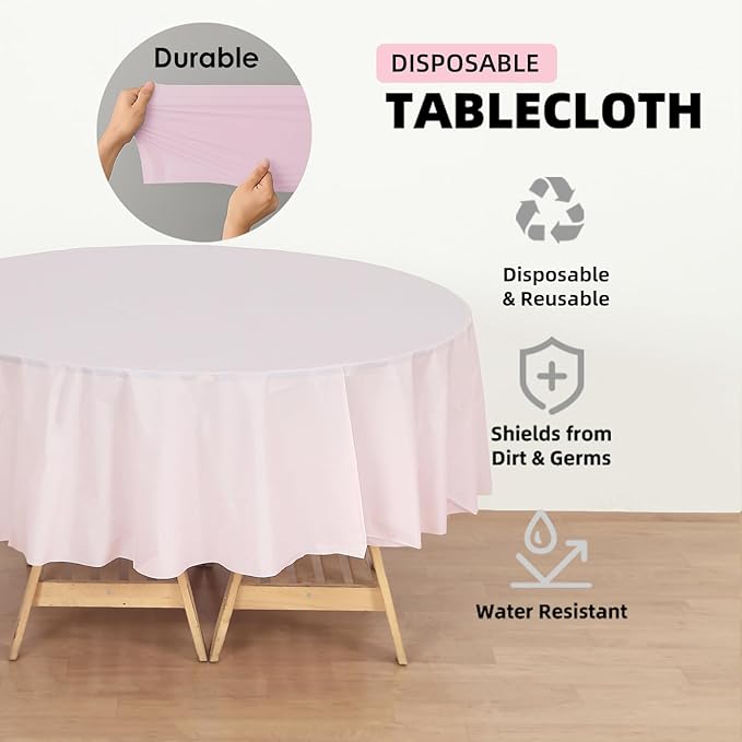 Craft And Party 12-Pack Light Pink Plastic Tablecloths – 84 Inch Round Disposable Table Covers, Heavy Duty & Waterproof for Parties, Events, Banquets, Light Pink