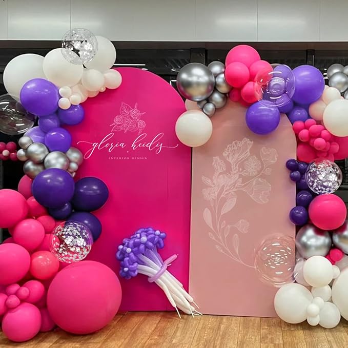 Hot Pink Purple Silver Baloon Garland Arch Kit, 146Pcs Latex Balloons Different Sizes 18 12 10 5 inch for Women Girls Birthday Baby Shower Wedding Party Decorations