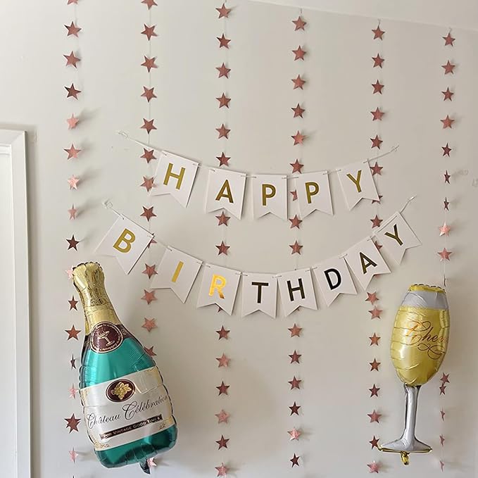 Happy Birthday Banner With Shiny Gold Letters, Swallowtail Design Hanging Signs Party Decorations (White)