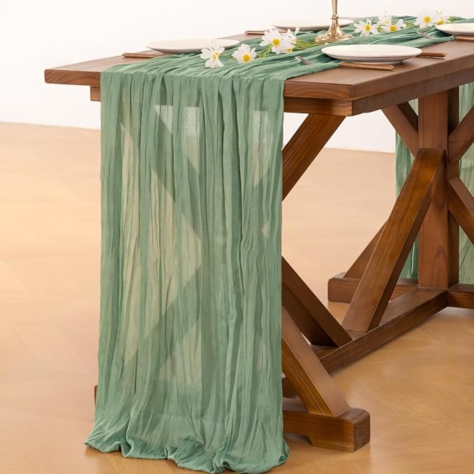 Socomi 10pcs Sage Green Cheesecloth Table Runner Easter Spring Boho Rustic Gauze 120 inch 10FT Cheese Cloth Runner for Wedding Party Baby Shower Home Decor Holiday Decorations