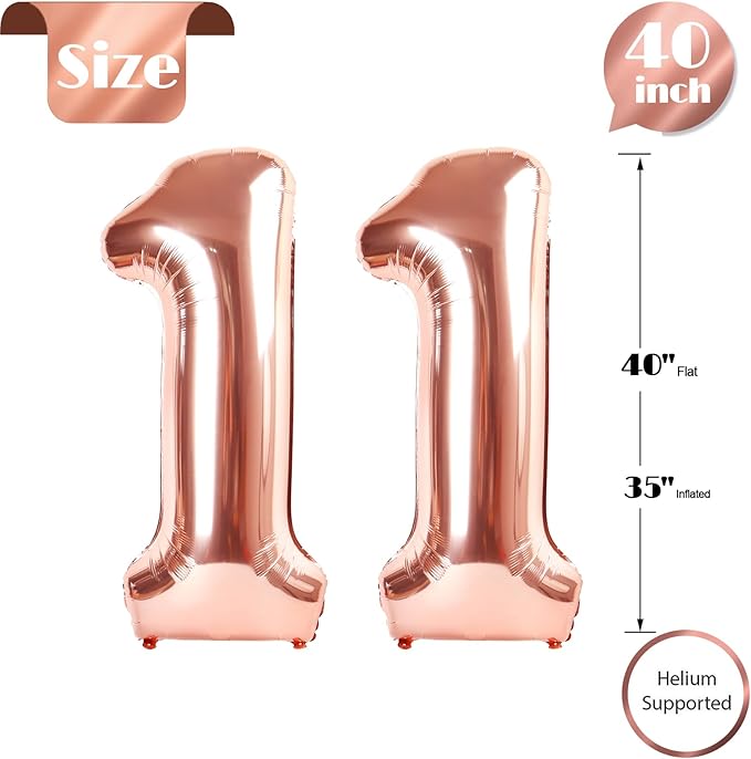 Rose Gold Number 11 Balloon 40 inch, 11 Number Balloons, 11th Birthday Decorations for Girls Boys, 11 Year Old Rose Gold Party Supplies