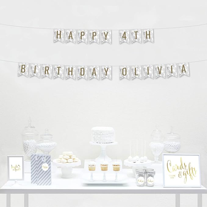 Andaz Press Personalized Hanging Pennant Banner Party Decorations, Marble and Gold, Happy 4th Birthday Olivia, 1-Pack, Approx. 5-Feet, Custom Name and Number