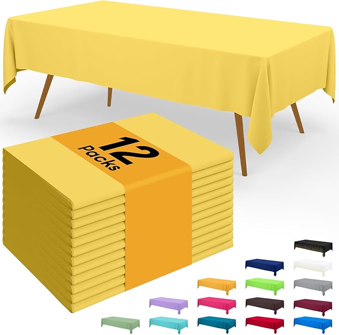 Smiry Disposable Table Cloth - 12 Pack, 54 x 108 Inch Waterproof Rectangle Tablecloths for Parties, Decorative Plastic Table Cover, Leakproof & Sturdy, Yellow