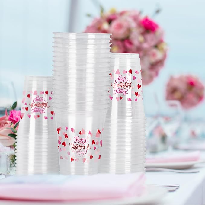 Gatherfun Valentine's Party Supplies - Romantic 60 Pcs 12oz Love-Themed Plastic Cups for Charming Decorations, Perfect for Valentines