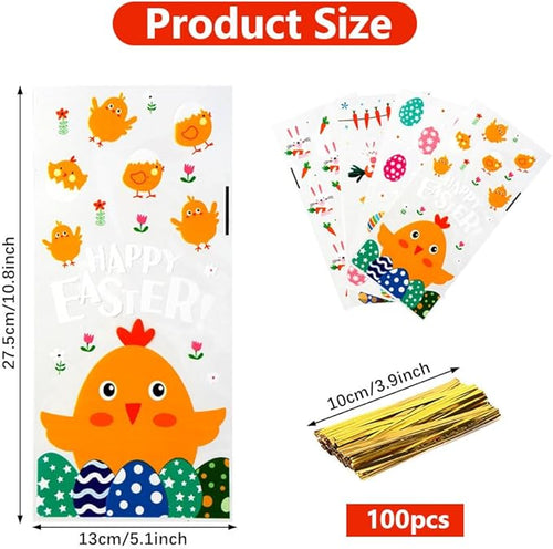 100 PCS Easter Cellophane Bags(5x11 Inch) with Ties for Candy Goodie Treat Snack Goody Cookie Small Gifts Wrap Plastic Ziplock Bag Baggies Pouch Easter Party Favors Supplies Decorations Table Decor