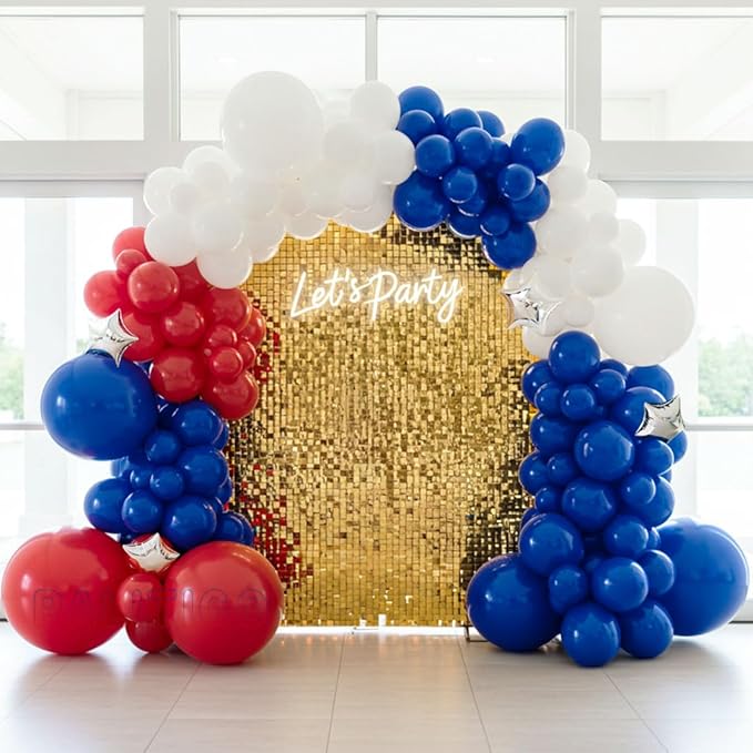 Red White and Blue Balloon Arch Kit with Silver Star – Double-Stuffed Balloons in 5"/12"/18" for 4th of July, Graduation, Patriotic Birthday, Baseball Party Decorations