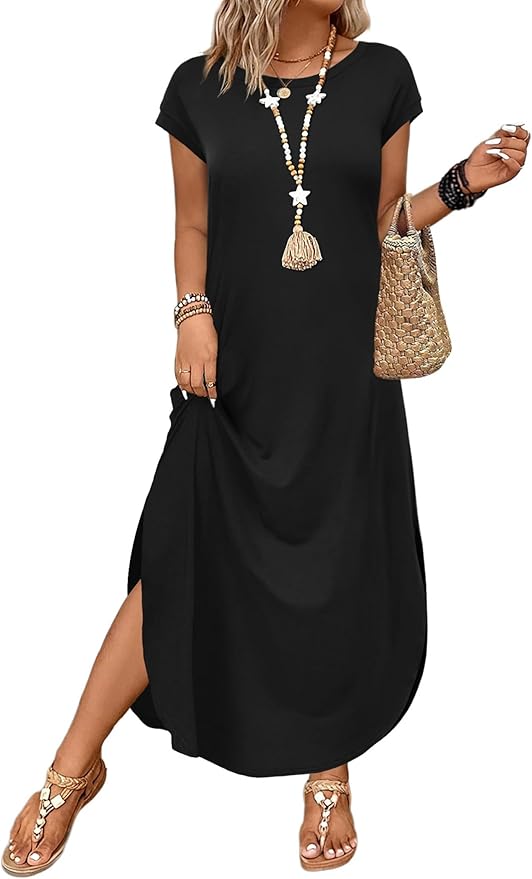 WIHOLL Summer Dresses Cap Sleeve Crewneck Maxi Long Casual Dress with Pockets Beach Vacation Sundresses 2026 Trendy