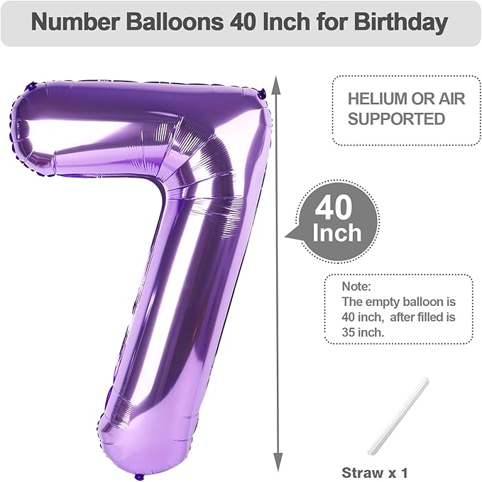 7 Birthday Balloon Purple Number, 17th Birthday Decorations For boys And Girls, 40 Inch Big Balloons for 7, 17, 27, 70 Birthday, Wedding Anniversary, Christmas, New Year, Halloween Party Decoration