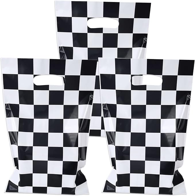 Rainmae 50 Pcs Race car Goodie Gift Bags, Racing Treat Gift Bags, Candy Party Favors Bags, Black and White Checkered Party Supplies for Two Fast Themed Kids Birthday Baby Shower Party Decoration
