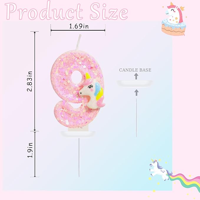 Birthday Candles - Number 9 Candle, 9th Birthday Decorations for Girl, Pink Unicorn Candles for Cake Topper, Cartoon Theme Party Supplies