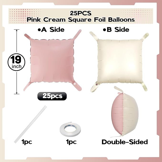Pink Cream Balloons Square Foil Balloon, 25PCS Boho Baby Pink and Matt White Double Sided Foil Balloon Backdrop Wall Beige Flat Tunnel Background for Girls Women Birthdays Baby Shower Bridal Wedding
