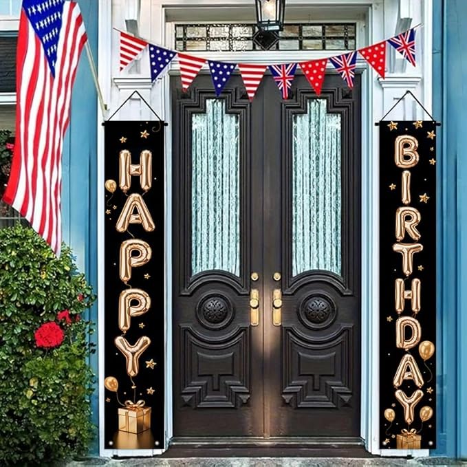Birthday Decor Banner 12x71 Inches, Happy Birthday Door Hanging Sign, Black and Gold Party Decorations for Indoor Outdoor Celebration