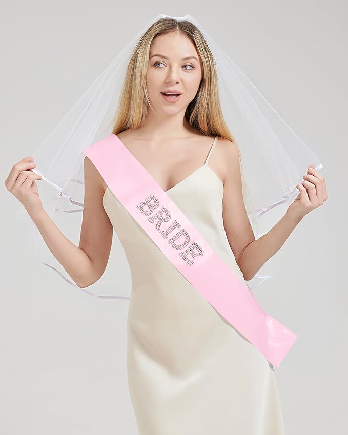 Bride To Be Sash and Bride Veil White for Bachelorette Party, Bach Party Favors Accessory, Bridal Vei and Sash Set