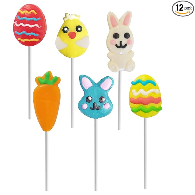 Fruidles Easter Variety Pack 12 Lollipops Suckers, Yellow Bunny Rabbit, Orange Carrot Designs Fat-Free, Individually Wrapped Easter Pops (12-Pack)