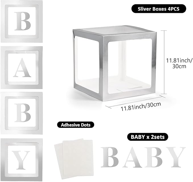 Baby Boxes with Letters - 4 Transparent Balloon Boxes for Baby Shower, Gender Reveal, Birthday & Wedding Decorations (Silver)