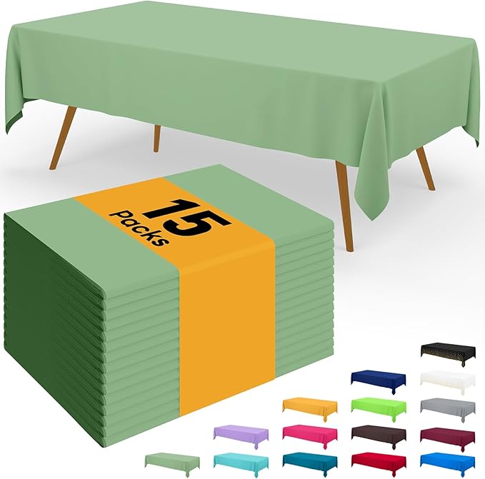 Smiry Disposable Table Cloth - 15 Pack, 54 x 108 Inch Waterproof Rectangle Tablecloths for Parties, Decorative Plastic Table Cover, Leakproof & Sturdy, Sage Green