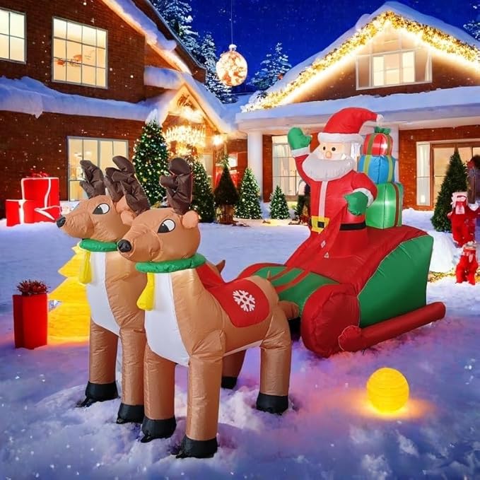 Christmas Inflatable Clearance, 8 FT Christmas Inflatable Outdoor Decoration Deer Pull car, Giant Santa Claus Driving Racing car in the Snow, for Garden Lawn Christmas Decoration