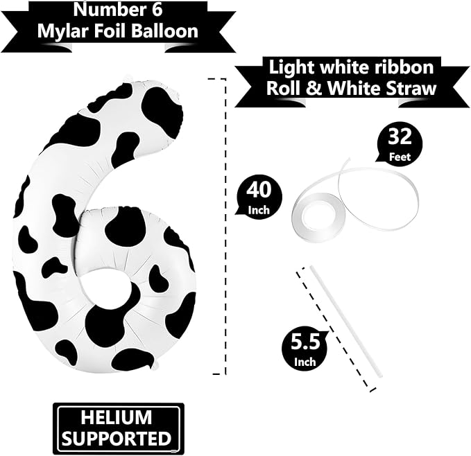 SINBEE Cow Print 40 inch Balloon, Number 6, for Birthday Decorations, Reusable, Unisex, Children's Party Decor