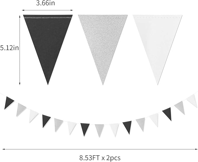 Black White Silver Pennant Banner,2 Pack Glitter Sprinkles Paper Triangle Flags, Birthday Graduation 2025 Fathers Day Wedding Baby Shower Party Decorations Bunting Lasting Surprise