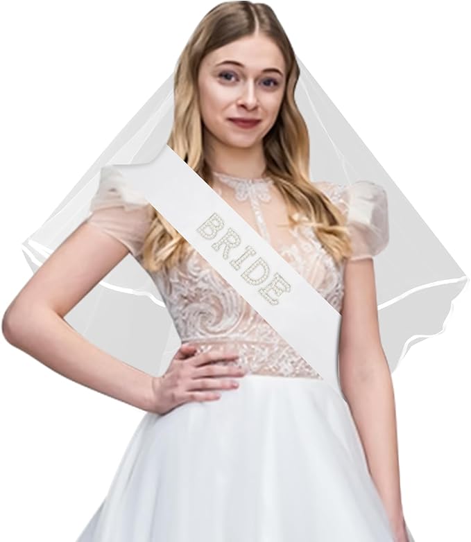 Bride To Be Sash White Wedding Veil, Bride Pearl Satin Sash Veil Set Bachelorette Party Favors Accessories for Bridal Showers Engagement Party Decorations