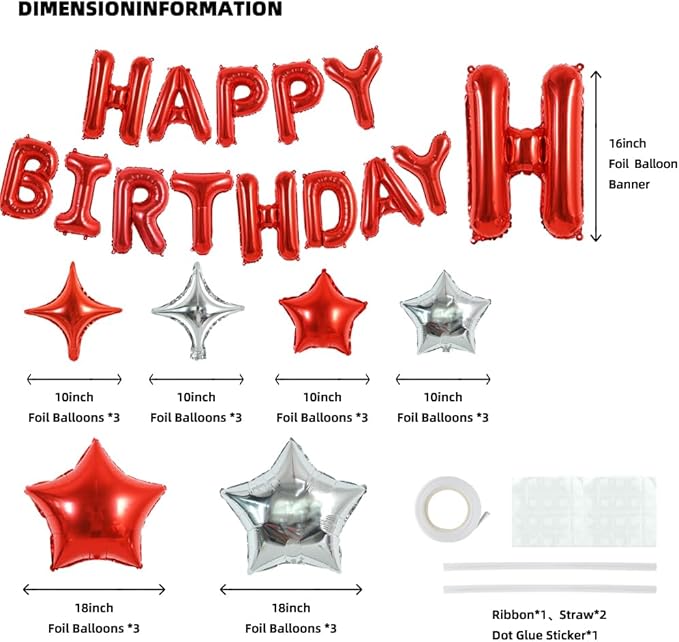 TONIFUL 35PCS Red Happy Birthday Decorations Kit 16 Inch Happy Birthday Balloon Banner with Star Balloons Mylar Foil Birthday Party Decorations Supplies for Men Women Adults Girls Boys Kids