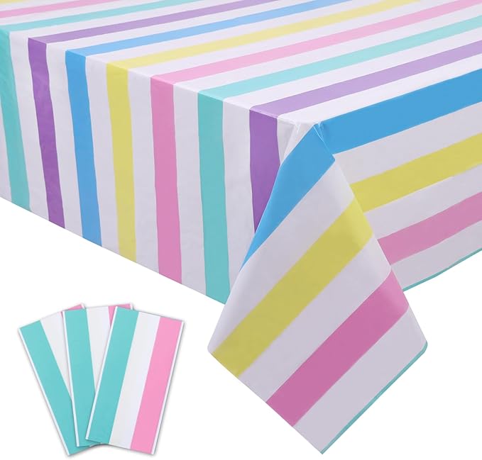 Kesfey 3 Packs Rainbow Striped Table Cloth 54 x 108 Inches Pastel Rainbow Party Table Covers Disposable Plastic Ice Cream Pastel Tablecloths Waterproof Rectangle Birthday Tablecover for Baby Shower